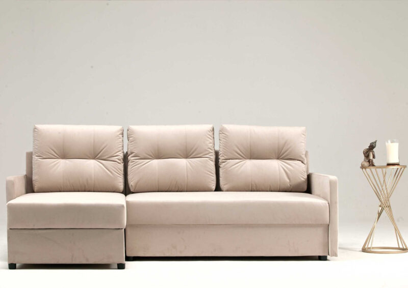 Kanapa narożna rozkładana ARIA z pikowanymi poduszkami