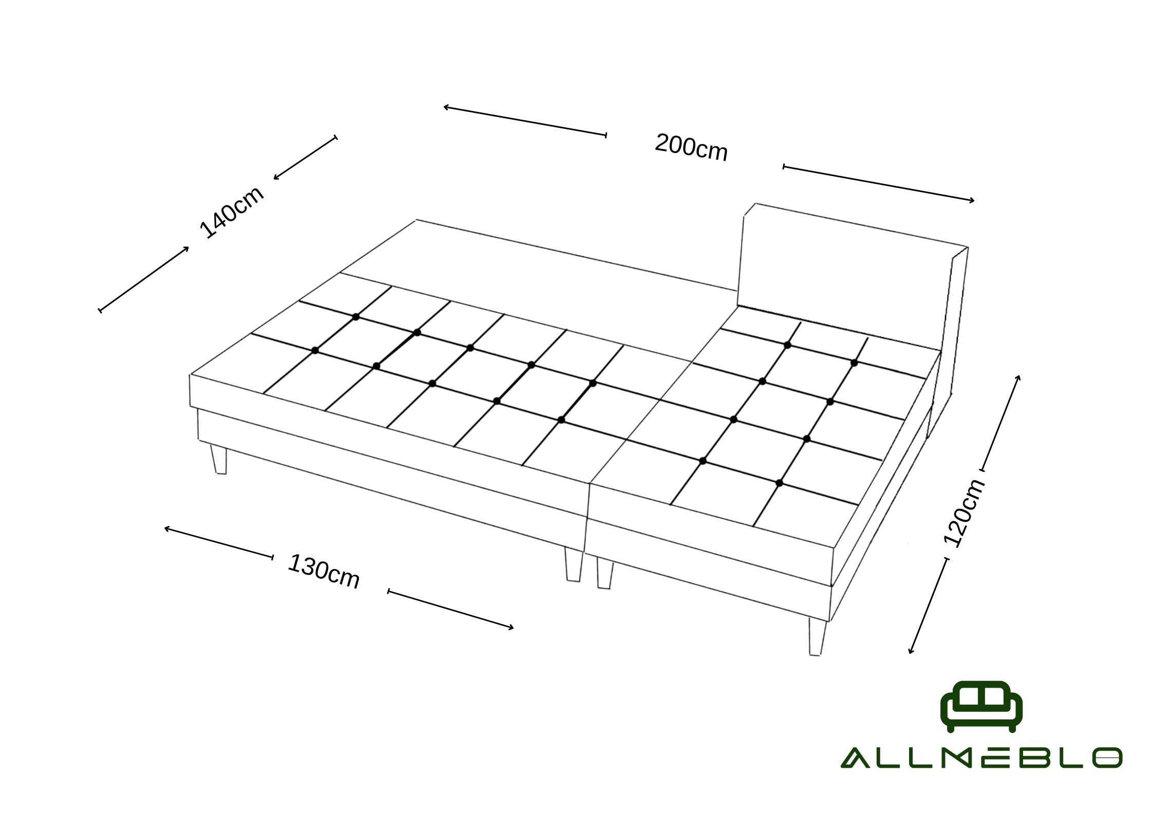 Mały pikowany narożnik na drewnianych nogach rozkładany PERO - obrazek 3