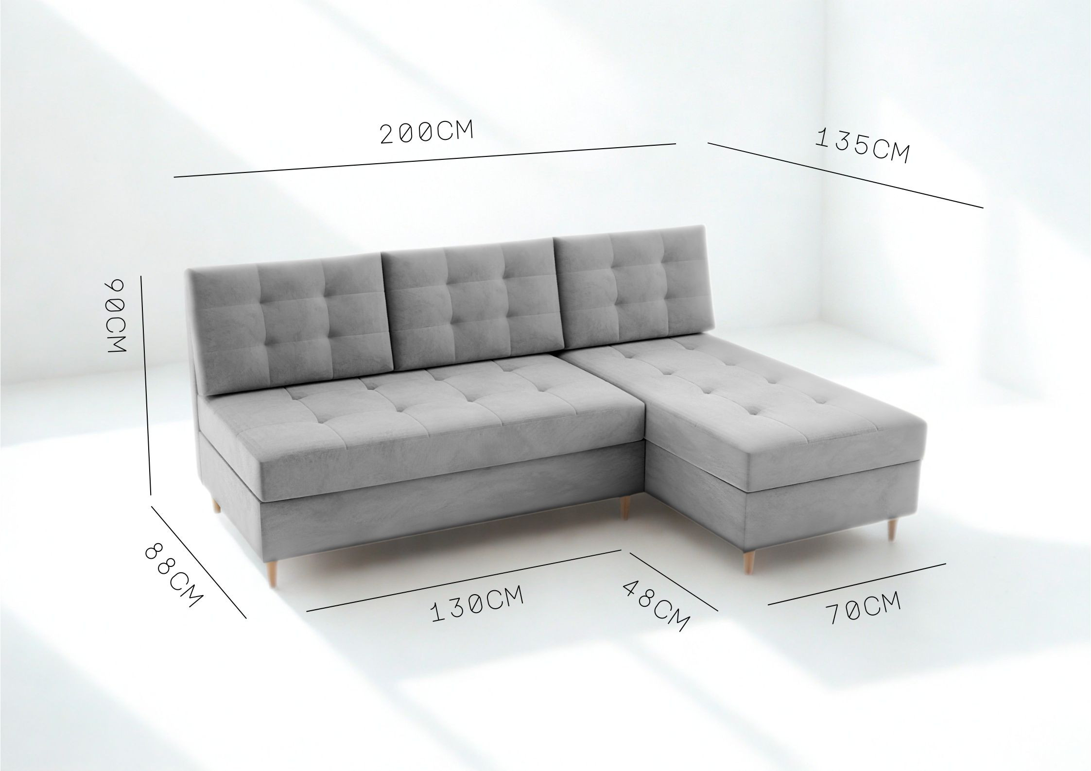 Mały pikowany narożnik na drewnianych nogach rozkładany PERO - obrazek 4