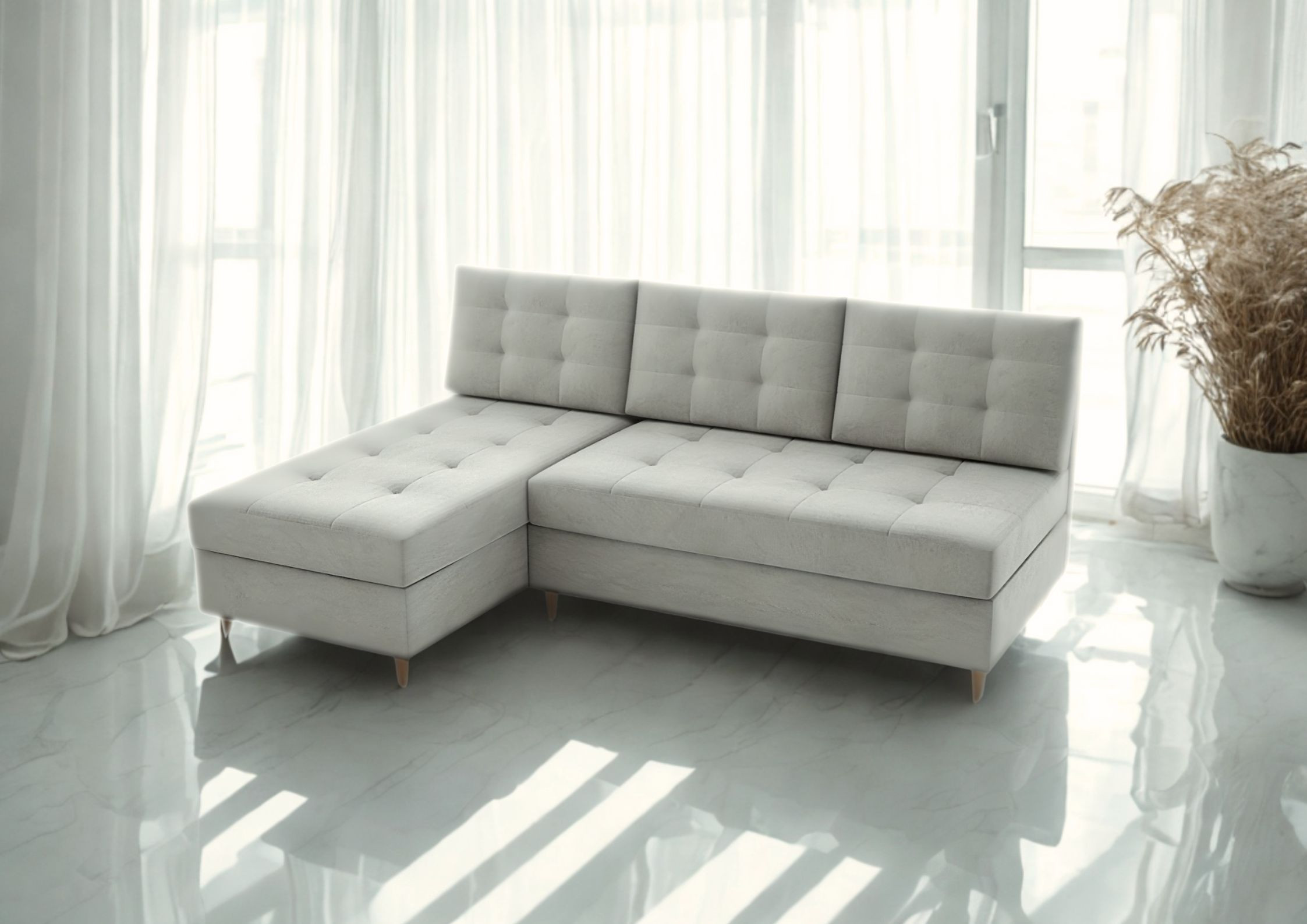 Mały uniwersalny narożnik skandynawski PERO funkcja spania