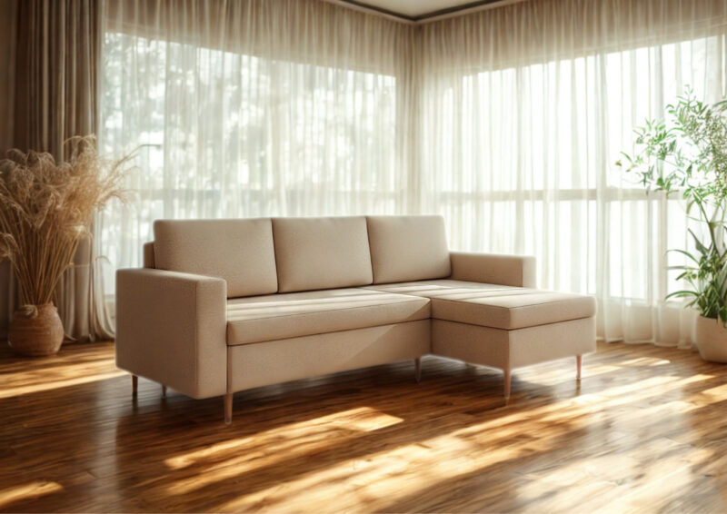 Skandynawski narożnik z funkcją spania Bever na drewnianych nogach